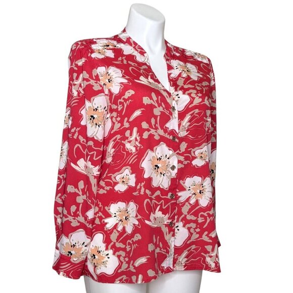 Karl Lagerfeld Multicolored Floral Blouse, Long Sleeves Roll Tab Women's Size XL - Picture 2 of 9